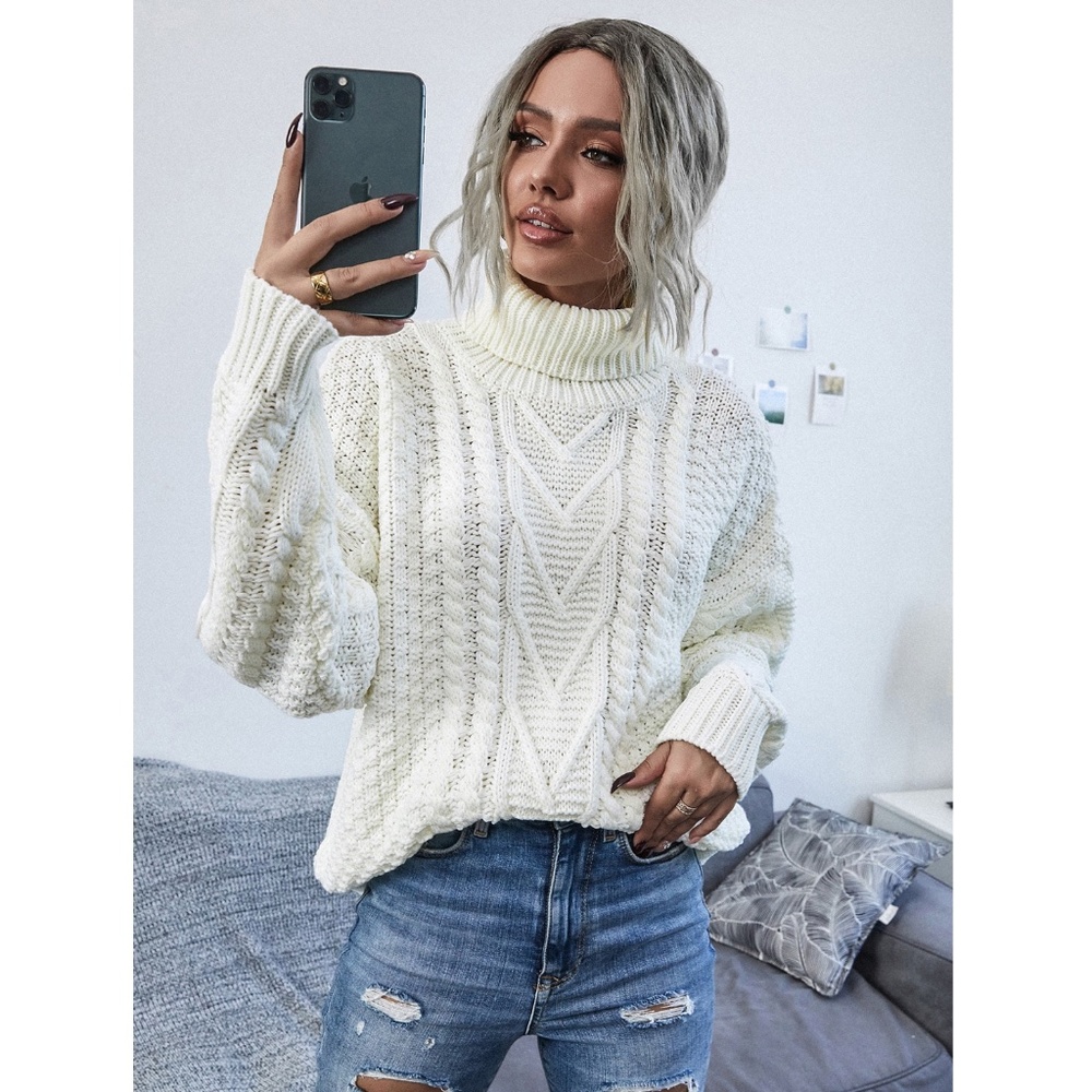 White Cable Knit Turtleneck Sweater - NWT